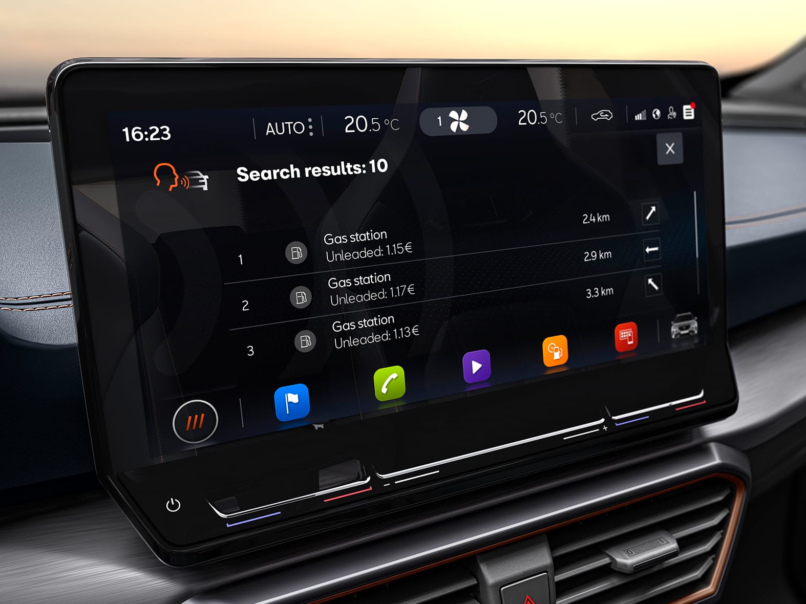 cupra connect voice control infotainment system to locate nearest petrol stations and prices. 