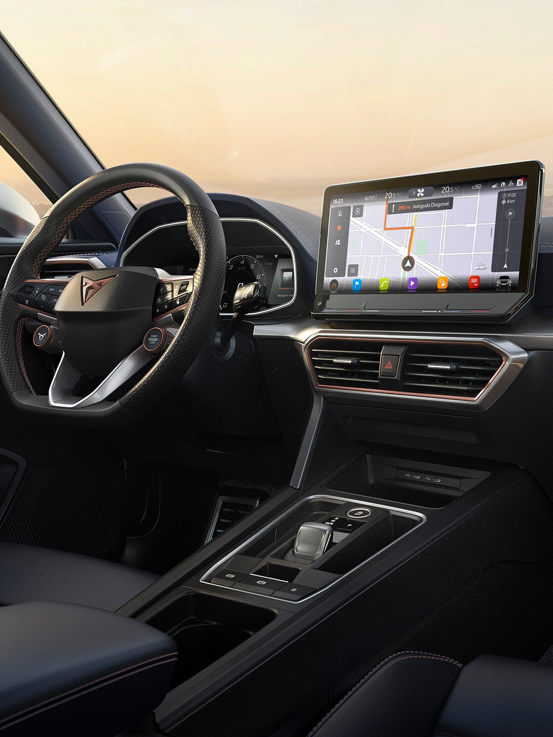 cupra connect voice control infotainment system with real-time traffic updates and alternative route suggestions.