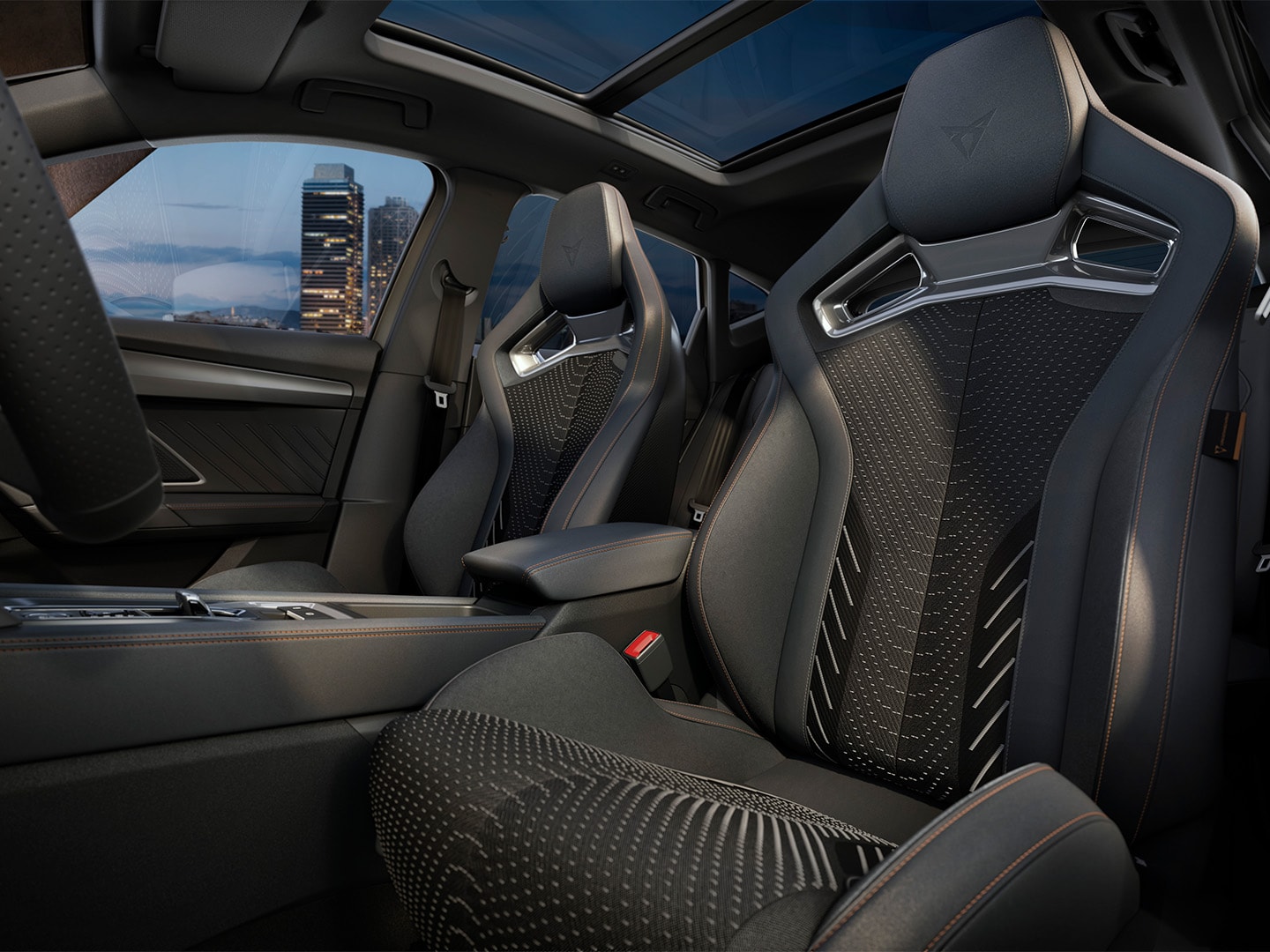 CUPRA Formentor extreme interior design, cockpit and drivers' area, performance brakes, CUP bucket seats and dark chrome interior mouldings. Includes intelligent drive, pure performance and Sennheiser AMBEO Immersive Sound System upgrades.