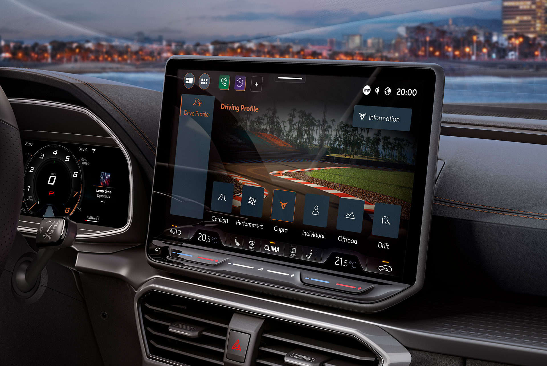 Dashboard view of the CUPRA Formentor and skyline.