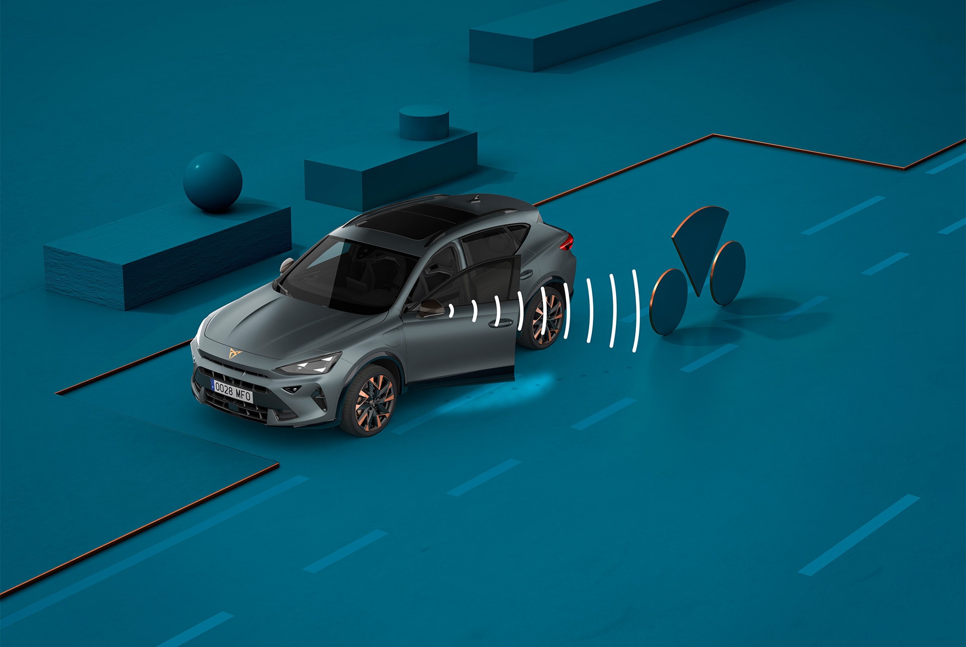 How to use CUPRA Formentor exit warning system, visual demo with shapes and blue background.