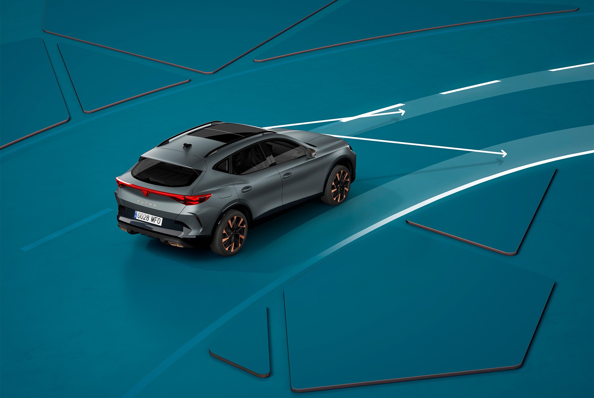CUPRA Formentor lane assist plus demo, blue background visual demonstration.