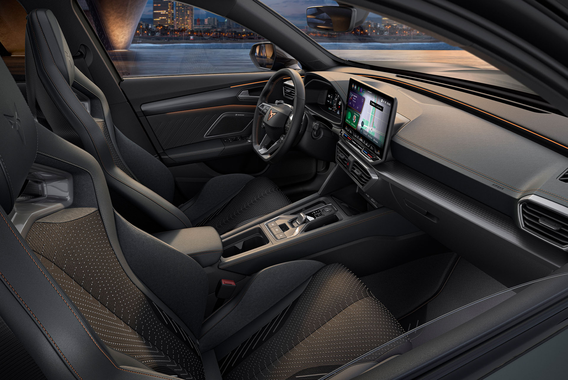 Interior view of the CUPRA Terramar with the Moon Light pack, featuring Dinamica® seats.