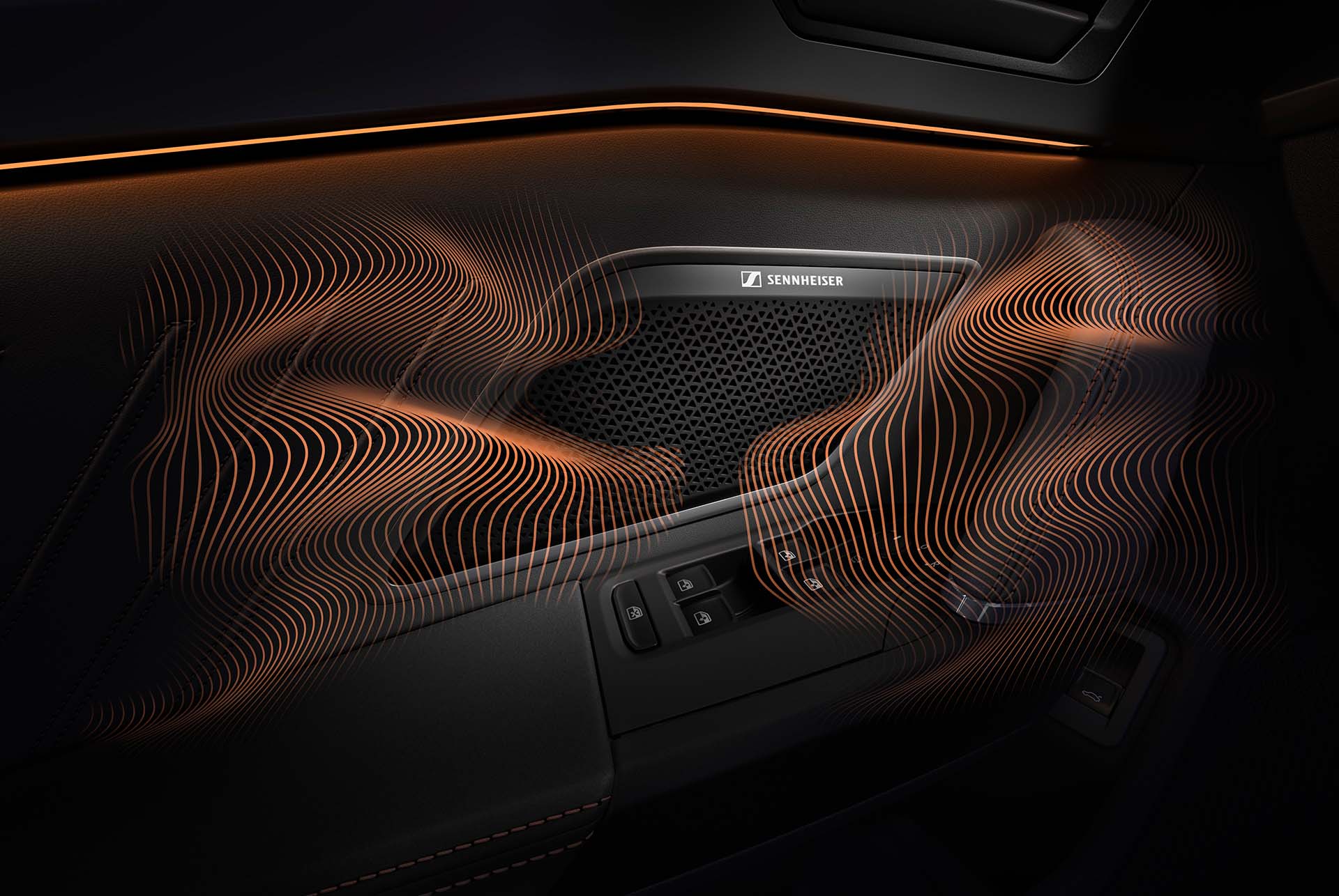 New CUPRA Formentor 2025 interior design, Sennheiser™ speakers, sound waves and ambient lighting.