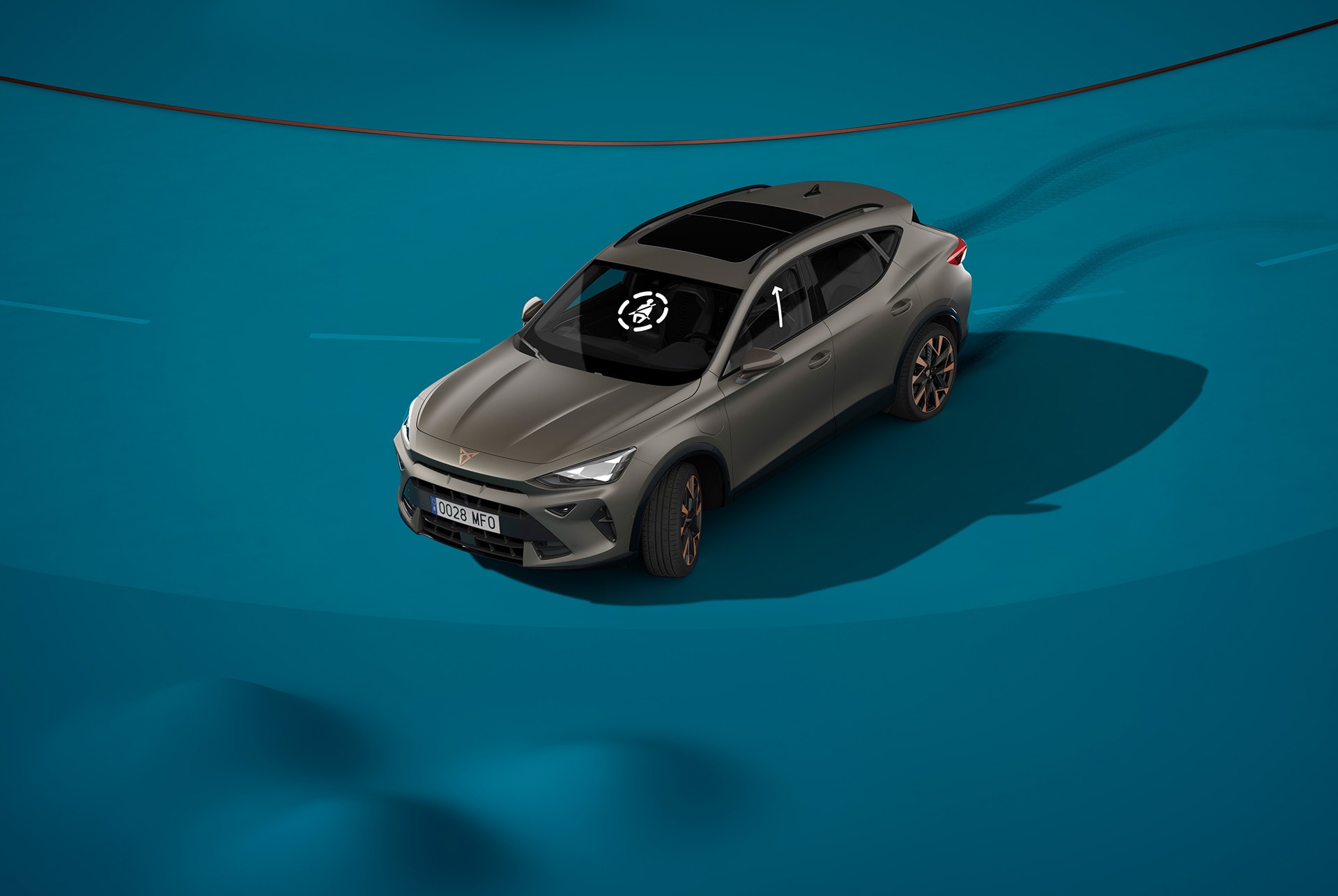 New CUPRA Formentor 2025 pre crash system demonstration, blue background.