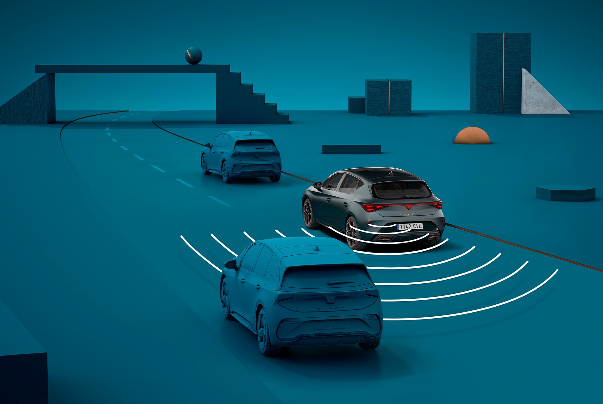 how to use Cupra Leon exit warning system, visual demo with shapes and blue background