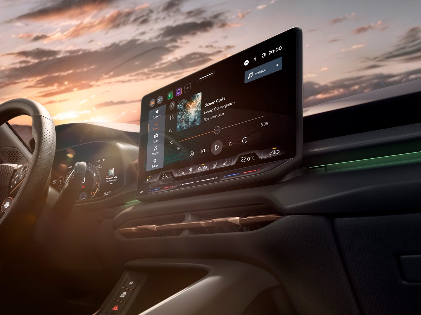 CUPRA Terramar interior with infotainment system 12.9 inch, steering wheel paddles and Copper accent dashboard.
