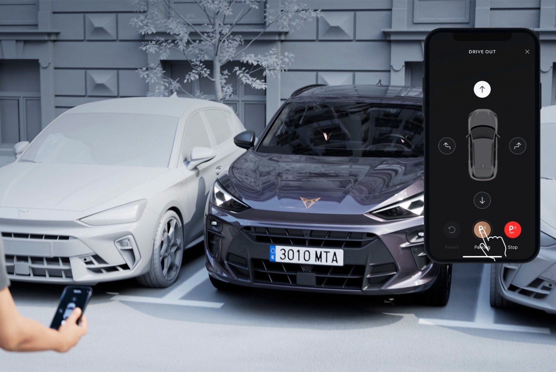 image of the remote park assist functionality in the CUPRA Terramar, illustrating advanced parking technology that enables remote manoeuvres via smartphone for enhanced convenience and innovation