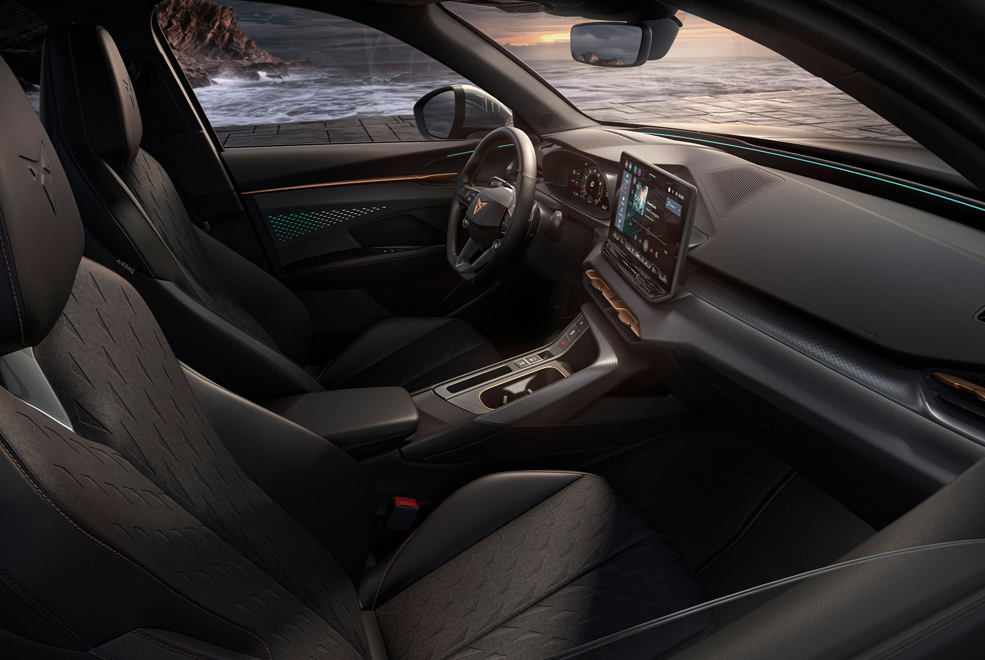 Interior view of the Moon Light version showcasing the upholstery in Black & Grey, the dashboard with Copper accents and other details.