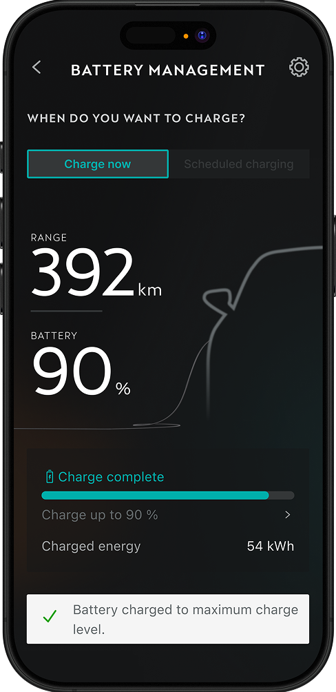 My CUPRA app battery management screen displaying a 90 percent battery charge level, 392 kilometres of range, and active charging status.