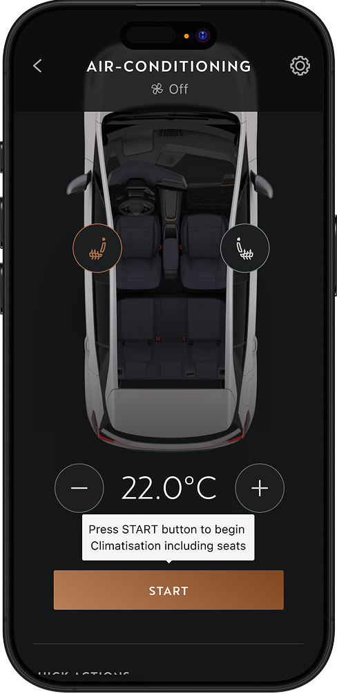 My CUPRA app air-conditioning screen showing a top-down view of a car with temperature controls set to 22 degrees and a start climatisation button.