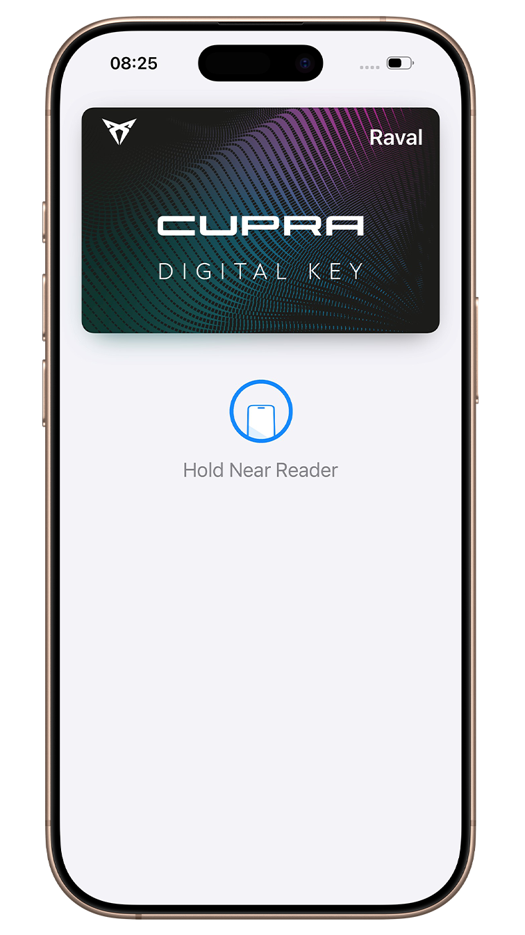 A smartphone screen displaying a digital vehicle key interface in a wallet application. The black digital card features the copper CUPRA logo, the text "TAVASCAN", and "DIGITAL KEY" over an abstract teal and purple wave pattern. Below the card, two action tiles indicate the status of the vehicle: "Car Unlocked" and "Trunk Closed".