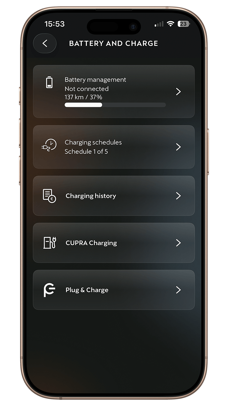 Smartphone displaying the My CUPRA App's "Battery and Charge" menu, featuring battery management status, charging schedules, charging history, and Plug & Charge settings. 