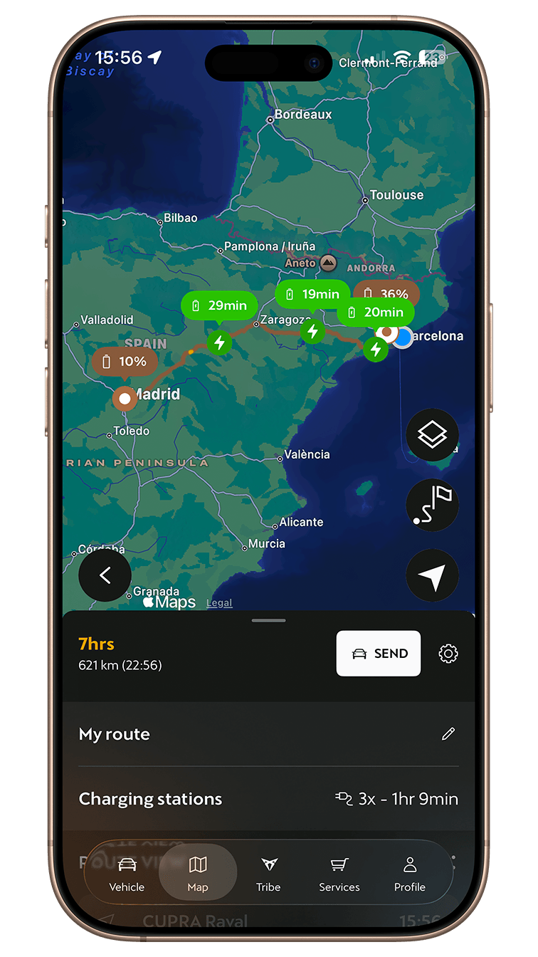 Smartphone displaying the My CUPRA App interface for electric trip planning, showing a route map across Spain with suggested charging stops, charging durations, and estimated battery levels for a 616 km journey.