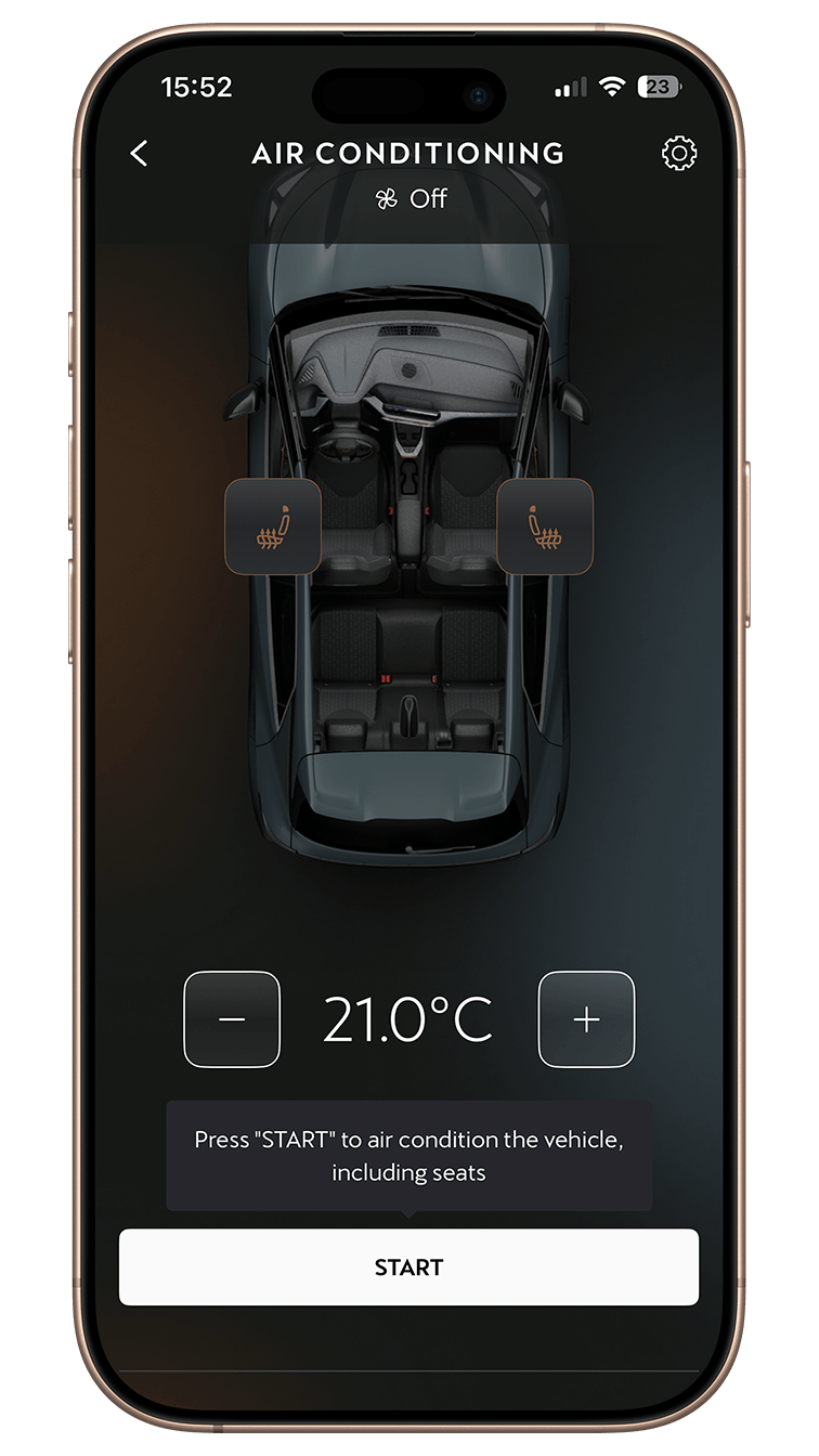 Smartphone displaying the My CUPRA App interface for remote pre-climatisation, featuring air conditioning temperature settings, seat heating controls, and a start button to adjust the vehicle's interior climate.