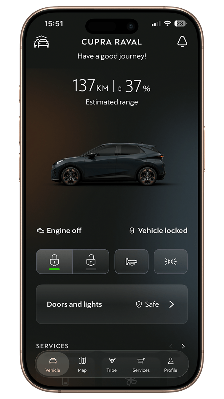Smartphone displaying the My CUPRA App interface for the CUPRA Raval, featuring remote vehicle control options, battery percentage, estimated range, and vehicle lock status.