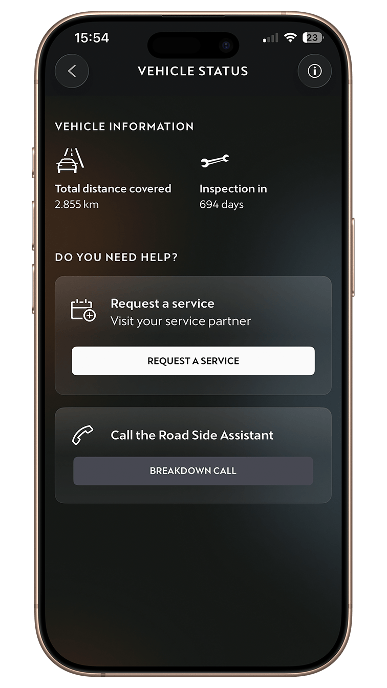 Smartphone displaying the My CUPRA App's "Vehicle Status" screen for vehicle health and maintenance, featuring total distance covered, a countdown to the next inspection, and buttons to request a service or call roadside assistance.